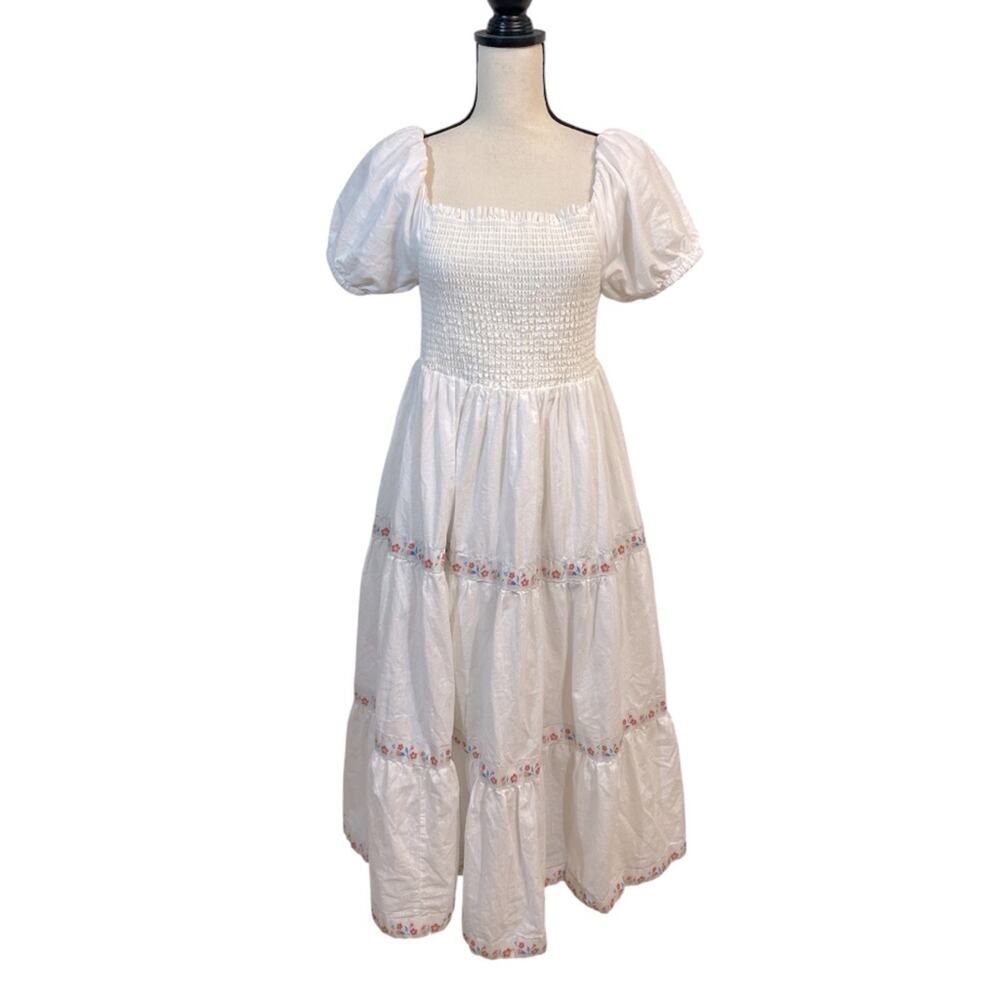 Rachel Zoe Floral Ribbon White Tiered Smocked Milkmaid Cottagecore Dress Size 10